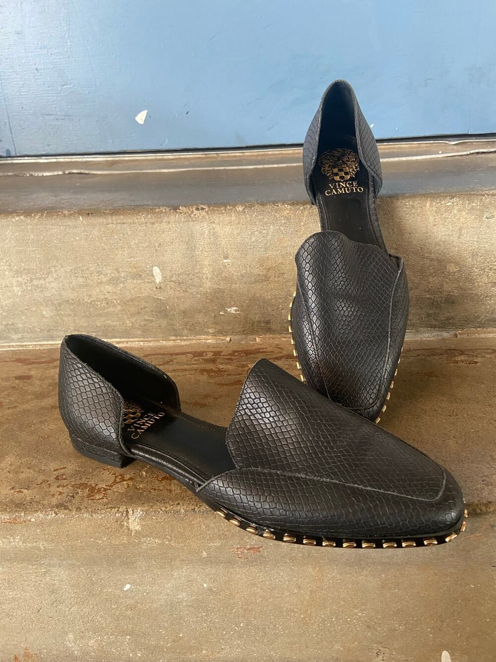 Vince Camuto Rendolen reptile embossed black leather D’Orsay style slip on shoe